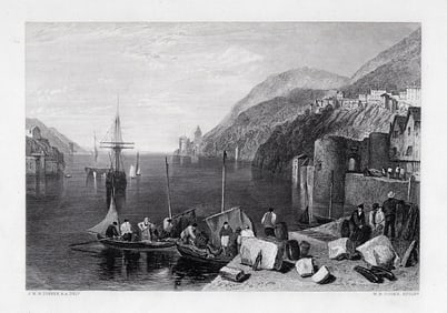 TURNER 1800s Antique Engraving Dartmouth on the River Dart Signed Framed