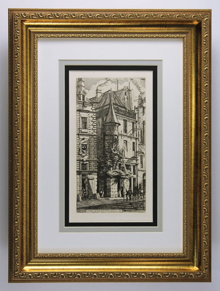 Charles Meryon Tourelle de la rue de la Tixeranderie, Paris (House with a Turret, on the Weaver's: Charles Meryon. (1821-1868). Tourelle de la rue de la Tixeranderie, Paris (House with a Turret, on the Weaver's Street; Paris). Hand Pulled Copper Plate Etching after the original on blue tinted laid