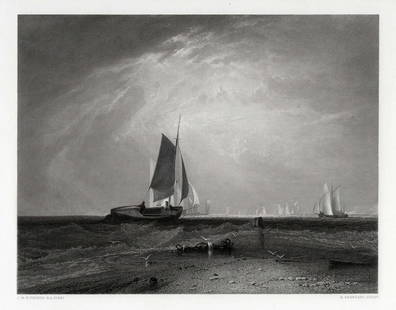 WILLIAM TURNER 1800s Engraving Bligh Sand Gallery Framed Signed COA: Joseph Mallord William Turner (English, 1775-1851). Bligh Sands. Antique engraving on wove paper after the original by master engraver Robert Brandard (British, 1805-1862). Year: 1864. Signed in the p