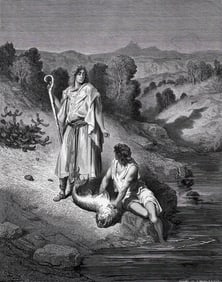 FRAMED 1800s Gustave Dore Biblical Woodcut Tobias Catches a Fish SIGNED
