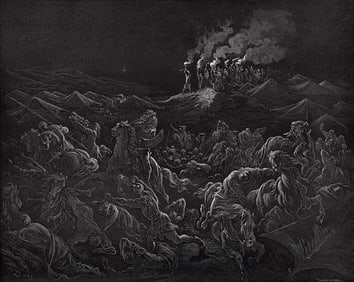 SIGNED 1800s Gustave Dore Religious Wood Engraving Fighting Midianites FRAMED