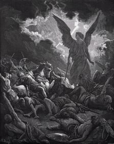 1800s GUSTAVE DORE Biblical Woodcut Sennacherib's Army Destroyed FRAMED SIGNED