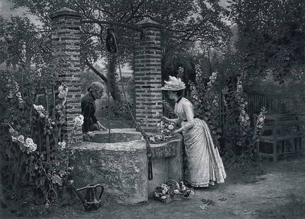 1800s FIRMIN GIRARD Antique Print Well between Properties Framed Signed: Firmin Girard (Francois-Marie Firmin) (French, 1838-1921). A Well between Two Properties. Antique heliogravure on heavy wove paper after the original by a Master Engraver. Year: c. 1890. Image size 7