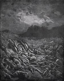 Gustave DORE 1800s Biblical Woodcut Ammonites & Moabites Destroyed SIGNED FRAMED