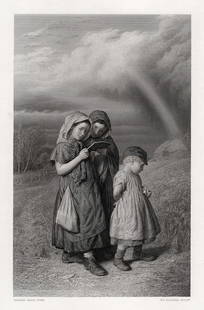 1800s EDWARD DAVIS Engraving Peasant Children Going to School FRAMED SIGNED: Edward Davis (British, 1833-34-1867). On the way to School. Antique engraving on wove paper after the original by master engraver William Ridgway (British, 1830-1900). Year: 1870. Signed in the plate.