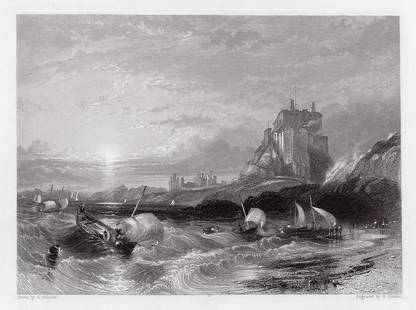 George Balmer 1842 engraving Holy Island Castle signed: George Balmer. (English, c. 1806 - 1846). Holy Island Castle. Antique engraving on wove paper after the original drawing by master engraver Edward Francis Finden (English, 1791-1857). 1842. Signed in