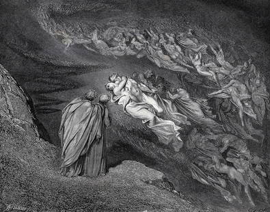 1800s DORE Divine Comedy Woodcut "Paolo & Francesca Tragedy" FRAMED Signed: Gustave Dore (Paul Gustave Louis Christophe Dore) (French, 1832-1883). Chant 5 Paolo And Francesca (Dante's Divine Comedy Enferno). Antique woodcut on wove paper after the original by master wood engr
