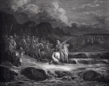 FRAMED 1800s Gustave Dore Religious Woodcut Judas Pursues Timotheus SIGNED
