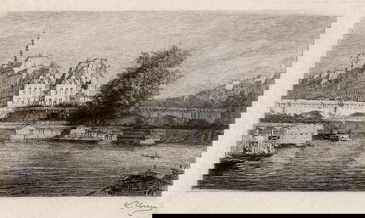 Gustave Greux Le Pont Neuf Signed etching: Gustave Marie Greux (Paris, 1838 - 1919). Le Pont Neuf A Paris. Original etching on laid paper. Hand signed in pencil by the artist, lower right. C. 1870. Sight size: 5 3/4 x 9 5/8 inches. Approximate