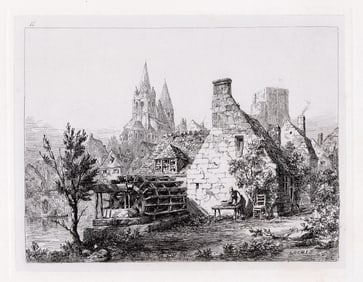 1875 Sir Ernest George Loches. Water Mill on the Indre St. Ours, and the Donjon Keep etching signed