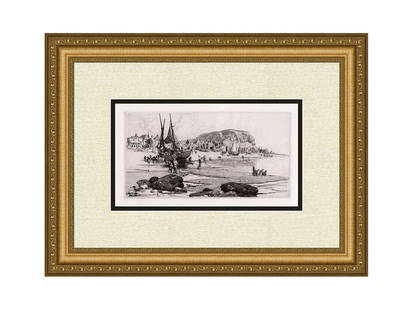 Stephen Parrish Hastings 1885 etching: Stephen Parrish. (American, 1846 -1938). Hastings. Antique Hand Pulled copper plate etching on thick laid paper. 1885. Excellent. Image size 5 1/2 x 10 1/2 inches. Approximately 14 x 20 inches. This p