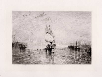Joseph Mallord William Turner 1874 etching The Sun of Venice going to Sea signed: Joseph Mallord William Turner. (English, 1775-1851). The Sun of Venice going to Sea. Antique Etching on Laid Paper after the Original oil on canvas by a Master Etcher Leon Gaucherel (French, 1816-1886