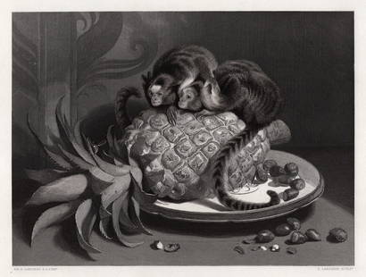 Henry Landseer 1800s Engraving The Marmozettes Signed Framed: Sir Henry Edward Landseer (English, 1802-1873). The Marmozettes (Marmozets). Antique engraving on wove paper after the original by master engraver Thomas Landseer (British, 1795-1880). Year: 1859. Sig