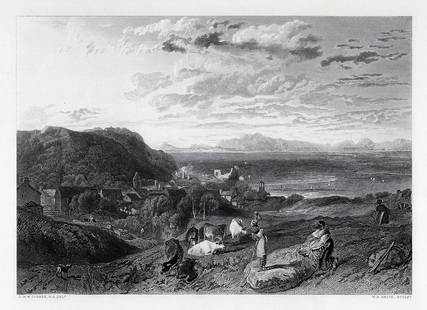 FRAMED 1800s William Turner Engraving Heysham & Cumberland Mountains SIGNED: Joseph Mallord William Turner (English, 1775-1851). Heysham and Cumberland Mountains. Antique engraving on wove paper after the original by master engraver William Richard Smith (British, 1787-1839 af