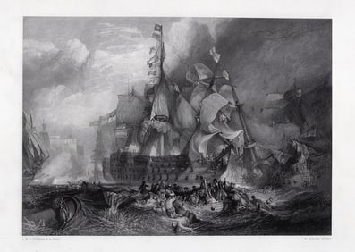 WILLIAM TURNER 1800s Engraving The Historic Battle of Trafalgar SIGNED Framed