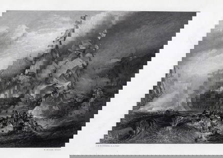 WILLIAM TURNER 1800s Engraving The Historic Battle of Trafalgar SIGNED Framed: Joseph Mallord William Turner (English, 1775-1851). The Battle of Trafalgar. Antique engraving on wove paper after the original by master engraver William Miller (British, 1769-1844). Year: 1878. Sign