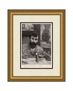 Sir Lawrence Alma Tadema 1887 woodcut Portrait of Signor G.B. Amendola signed: Sir Lawrence Alma-Tadema (born Lourens Alma Tadema) (Dutch, 1836-1912). Portrat Des G. B. Amendola (Portrait of Signor G.B. Amendola). Antique woodcut on wove paper after the original oil on canvas by