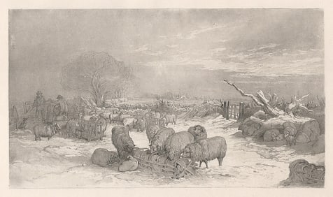 EDWARD DUNCAN 1800s Antique Print WINTER , SHEEP FEEDING Framed