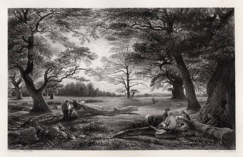 JOHN LINNELL Engraving WOOD CUTTING IN WINDSOR FOREST Framed Signed: John Linnell (English, 1792-1882). Wood cutting in Windsor Forest. Antique engraving on wove paper after the original by master engraver Thomas Abiel Prior (British, 1809-1886). Year: 1851. Signed in