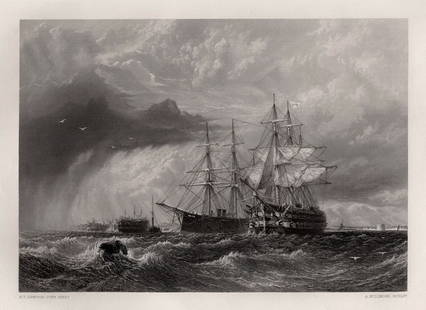 Henry Dawson 1900s Engraving Man-of-War Ship Signed Framed: Henry Dawson (British, 1811-1878). Men Men-of-War at Sheerness. Antique engraving on wove paper after the original by master engraver engraver Arthur Willmore (British, 1814-1888). Signed in the plate