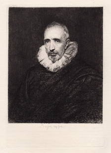 Anthony van Dyck Portrait called Gevartius 1872 etching: Anthony van Dyck. (Flemish, 1599-1641). Portrait called Gevartius. Antique etching on heavy wove paper after the original by master etcher Paul-Adolphe Rajon (French, 1843 - 1888). Signed in the plate