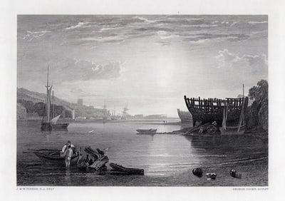 1800s William Turner Engraving Teignmouth Port Signed Framed