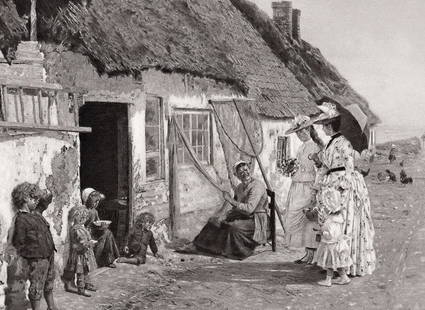Firmin Girard 1800s Antique Print Visiting the Seaside Framed Signed: Firmin Girard (Francois-Marie Firmin) (French, 1838-1921). Homes by the Sea. Antique heliogravure on heavy wove paper after the original by a Master Engraver. Year: 1890. Image size 7 3/8 x 10 5/8 inc