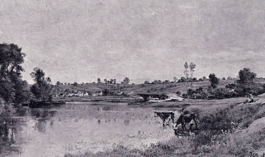 1800s Charles DAUBIGNY Antique Print A River Landscape FRAMED SIGNED: Charles-Francois Daubigny (French, 1817-1878). By the River. Antique heliogravure on wove paper after the original. Year: c. 1890. Signed in the plate, lower right. Image Size 5 3/4 x 10 3/8 inches.Fr