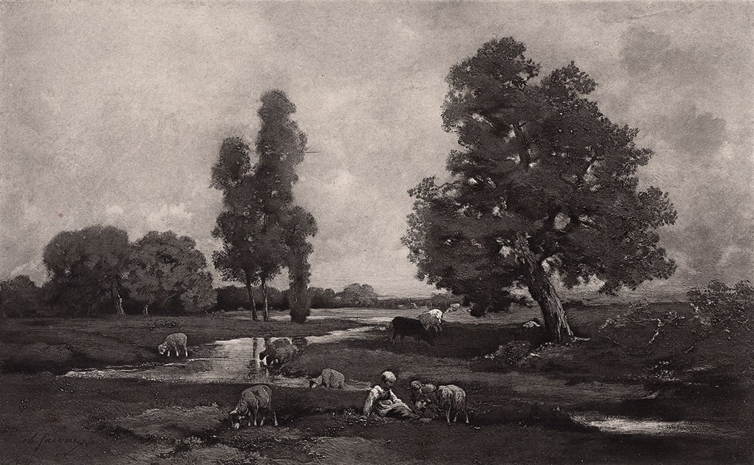 Charles Emile Jacque 1875 print A Rivulet signed: Charles-Emile Jacque (French, 1813-1894). A Rivulet. Antique heliogravure on wove paper after the original by a Master Engraver. 1875. Signed in the Plate, lower left. Excellent. Image Size 5 3/4 x 9