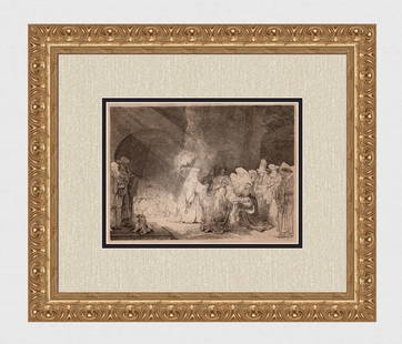 1800s REMBRANDT B49 Etching Presentation in Temple Durand Framed: After Rembrandt Harmenszoon Van Rijn (1606-1669). The Presentation in the Temple: oblong. Antique hand pulled copper plate etching on laid paper after the original by master etcher Amand Durand (1831