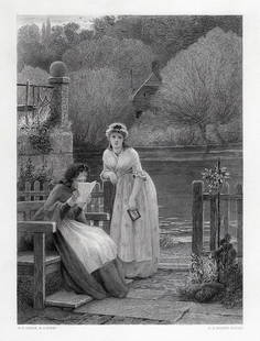 George Dunlop Leslie 1800s Engraving "News from the War" FRAMED SIGNED: George Dunlop Leslie (British, 1835-1921). News from the War. Antique engraving on wove paper after the original by master engraver Frederick Heath (British, 1810-1878). Year: 1877. Image Size 7 x 9 7