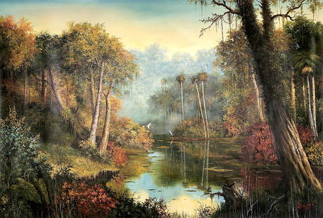 Villaflor Bacci Original Painting Nostalgic Oil Florida Tropical 48 x 72: Villaflor Bacci. Florida Tropical VII . Original oil painting on canvas. Canvas Size 48 x 72 inches. Born in Peru, in 1952, Bacci is one of a group of extraordinary landscape painters that emerged dur