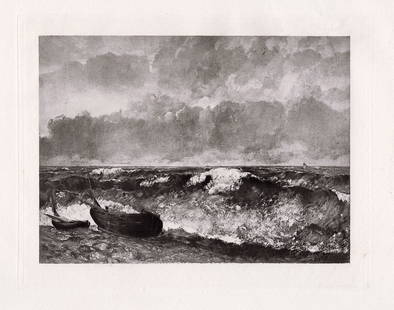 Jean Gustave Courbet The Wave 1885 print Framed: Jean Desire Gustave Courbet. (French, 1819-1877). The Wave. Antique Heliogravure on wove paper after the original oil on canvas by Boussod & Valadon. 1885. Excellent. Image Size Size 6 x 7 3/4 inches.
