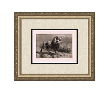 Herbert Thomas Dicksee Lion Challenge 1892: Herbert Thomas Dicksee. (English, 1862-1942). Challenge. Original drypoint etching with mezzotint on thick wove paper. 1892. Signed in the plate. Excellent. Image size 6 7/8 x 9 7/8 inches. Approximat
