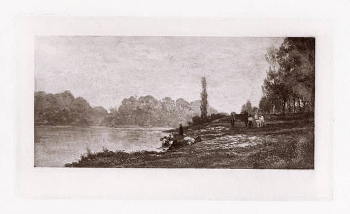 Charles-Francois Daubigny (French, 1817-1878) Banks of the Seine 1885 Antique Print: Charles-Francois Daubigny (French, 1817-1878). Banks of the Seine. Antique heliogravure on wove paper after the original painting by master engraver Dujardin. 1885. Excellent. Image Size 5 1/2 x 9 1/2