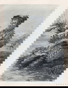 Davidson Knowles 1800s Antique Print LOBSTER FISHING SIGNED FRAMED: Davidson Knowles (British, 1852-1901). The Lobster. Antique heliogravure on wove paper after the original drawing by a Master Engraver. Year: 1883. Signed in the plate, lower left. Image Size 6 5/8 x