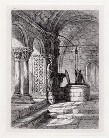 1875 Sir Ernest George Roman Well of St.Trophimus France etching signedFramed