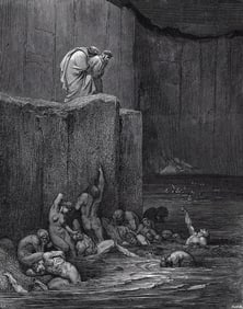 GUSTAVE DORE 1800s Woodcut "The Punishment Of Flatterers" FRAMED Signed