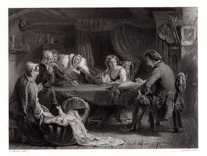 1862 Alexander Johnston Sabbath engraving signed: Alexander Johnston. (Scottish, 1815 - 1891). The Sabbath Eve (Family Devotions).Antique engraving on wove paper after the original oil on canvas by master engraver Peter Lightfoot (British, 1805 - 188