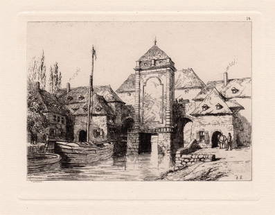 Sir Ernest George Tournai. Bridge and Water-Gate etching signed: Sir Ernest George. (English, 1839-1922). Tournai. Bridge and Water-Gate. Original Hand Pulled Copper Plate Etching on Laid Paper. 1878. Signed and Titled in the Plate. Excellent. Image Size 4 3/4 x 6