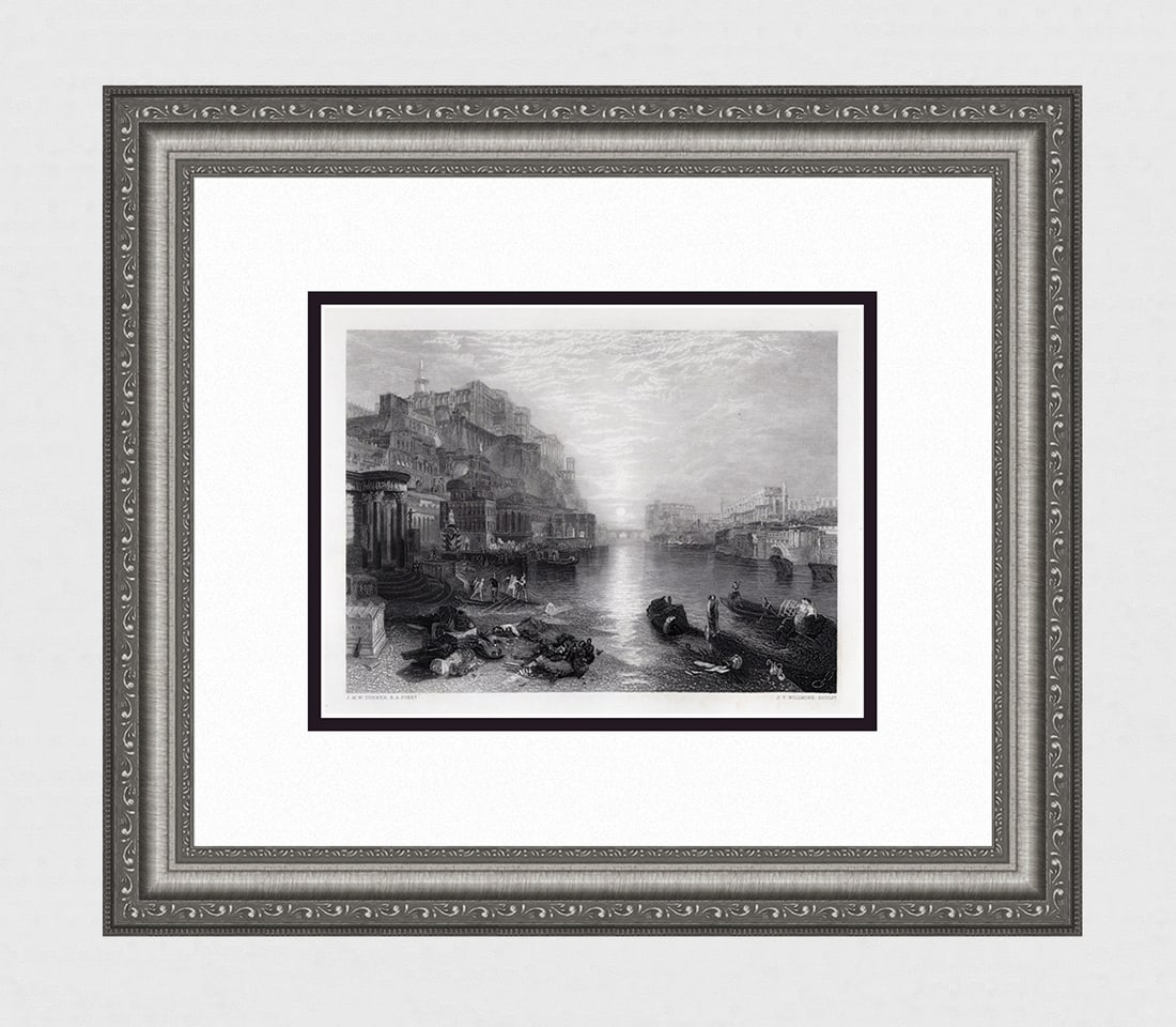 1800s JMW Turner Engraving Classical Italy on the Tiber Framed Signed: Joseph Mallord William Turner (English, 1775-1851). Ancient Italy. Antique engraving on wove paper after the original by master engraver James Tibbits Willmore (British,1800-1863). Year: 1861. Signed