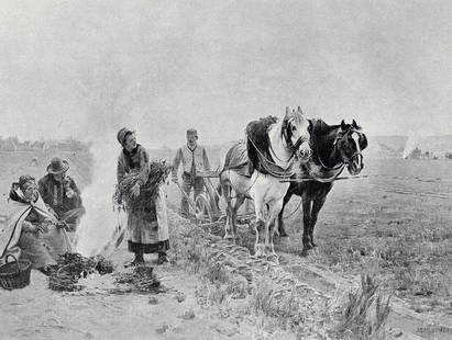 Auguste Moreau 1800s Antique Print Autumn, Plowing the Fields SIGNED Framed: Augustine Moreau (1834 - 1917). Plowing the Fields. Antique print after the original. Year: c. 1890. Signed in the plate, lower right. Image Size 7 x 10 inches. Framed dimensions approximately 16 x 19