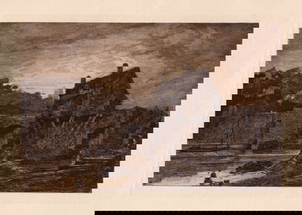 Thomas Girtin Bridgnorth 1888 etching: Thomas Girtin. (English, 1775 - 1802). Bridgnorth. Antique etching on thick wove paper after the original watercolor by master engraver Sir Francis Job "Frank" Short RA (British, 1857 - 1945). 1888. E