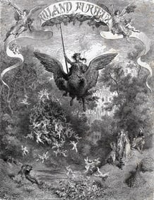 1800s DORE Orlando Furioso Woodcut Orlando Riding Hippogryph FRAMED Signed