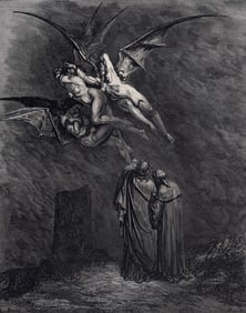GUSTAVE DORE 1800s Divine Comedy Woodcut THE THREE FURIES Framed Signed