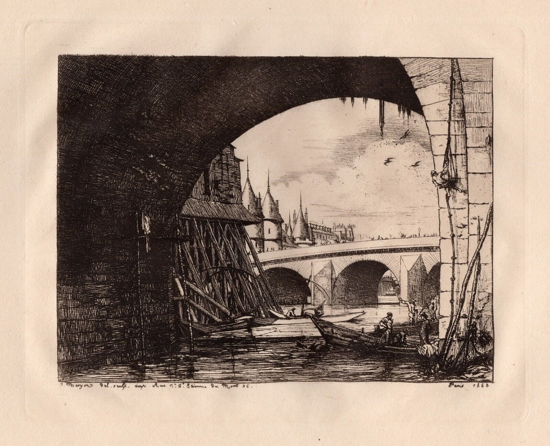 FRAMED Charles Meryon Etching L'arche du Pont Notre-Dame, Paris SIGNED: Charles Meryon (1821-1868). The Arch of Pont Notre-Dame, Paris (L'arche du Pont Notre-Dame, Paris). Vintage etching on laid paper after the original by a Master Engraver. Year: 1926. Signed in the pla