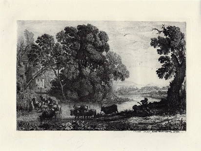 Claude Lorrain Le Bouvier (The Herdsman) 1878 etching: Claude Lorrain. (born Claude Gellee, called le Lorrain in French and traditionally just Claude in English) (French, c. 1600 - 1682). Le Bouvier (The Herdsman). Antique copper plate etching on laid pap