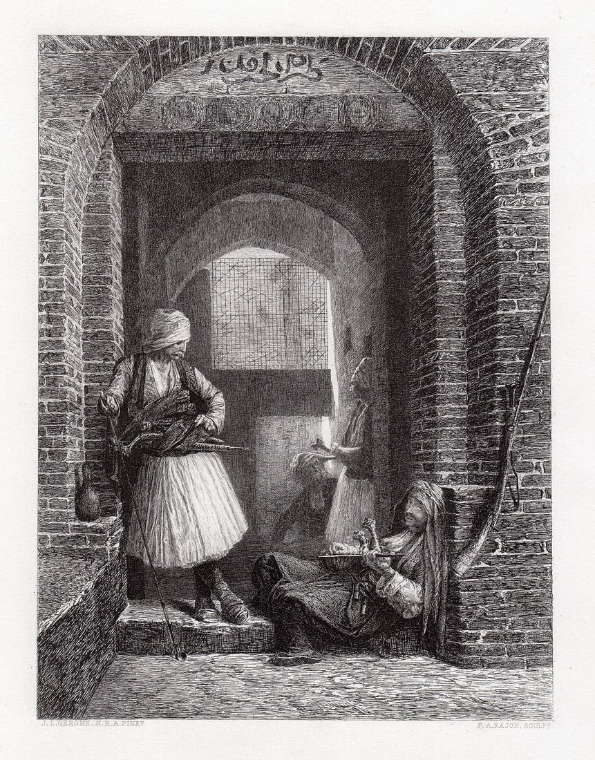 1879 Gerome Guard House in Cairo engraving signed: Jean-Leon Gerome (French, 1824 - 1904). A Guard House in Cairo (Corps de garde d'Arnaoutes au Caire). Antique steel engraving on wove paper after the original oil on canvas by master engraver Paul-Ado