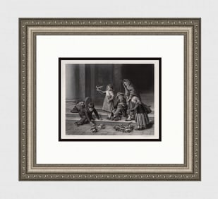 Paoletti 1800s Engraving "Children Feeding Pigeons" Framed Signed