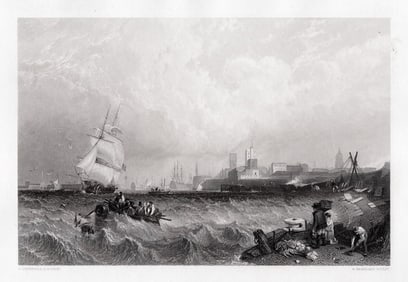 CLARKSON STANFIELD 1800s Engraving PORTSMOUTH HARBOUR Framed